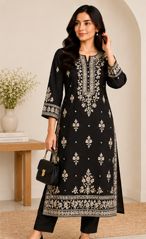 Embroidered Kurti Dress – Black