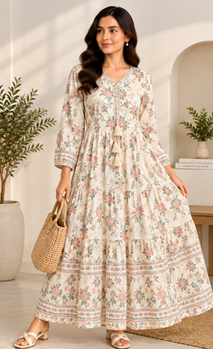 Printed Lawn Summer Dress – Ivory