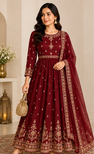 Festive Embroidered Dress – Maroon