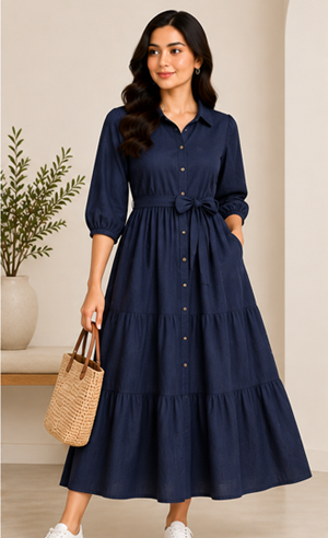Cotton Casual Midi Dress – Navy