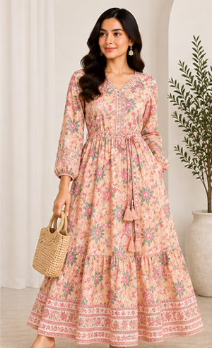 Premium Printed Dress – Peach