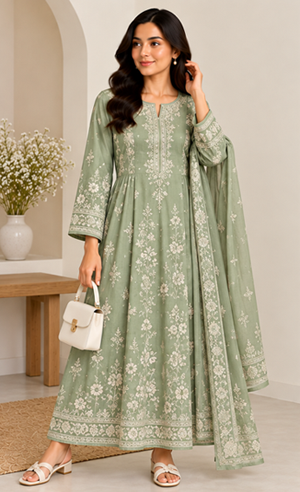 Embroidered Lawn Dress – Sage
